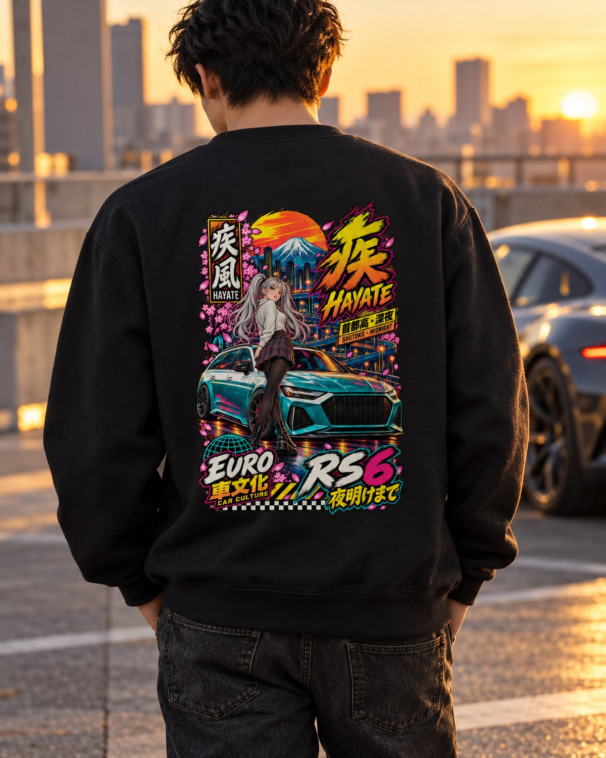 HAYATE RS6 Anime Girl Full-Back Graphic Tee Crewneck Black worn hero