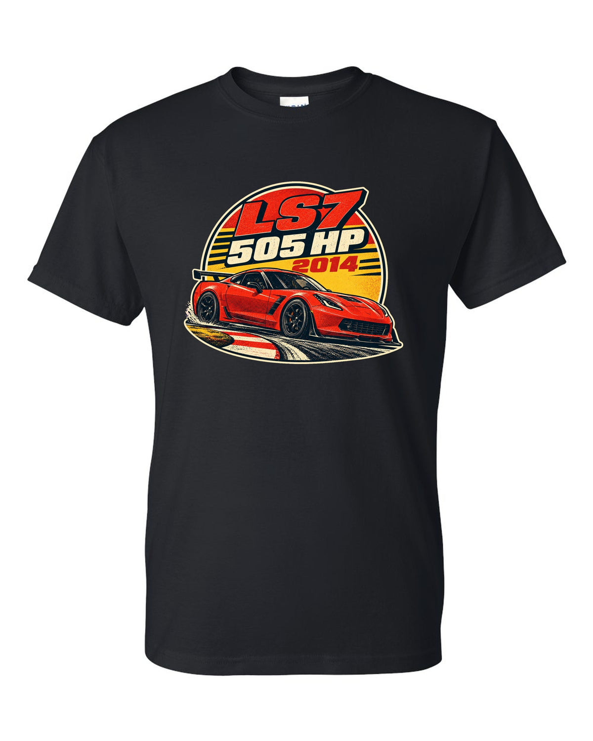 2014 Chevrolet Camaro Z/28 LS7 vintage race poster print with 505 HP text black t-shirt front view with the design