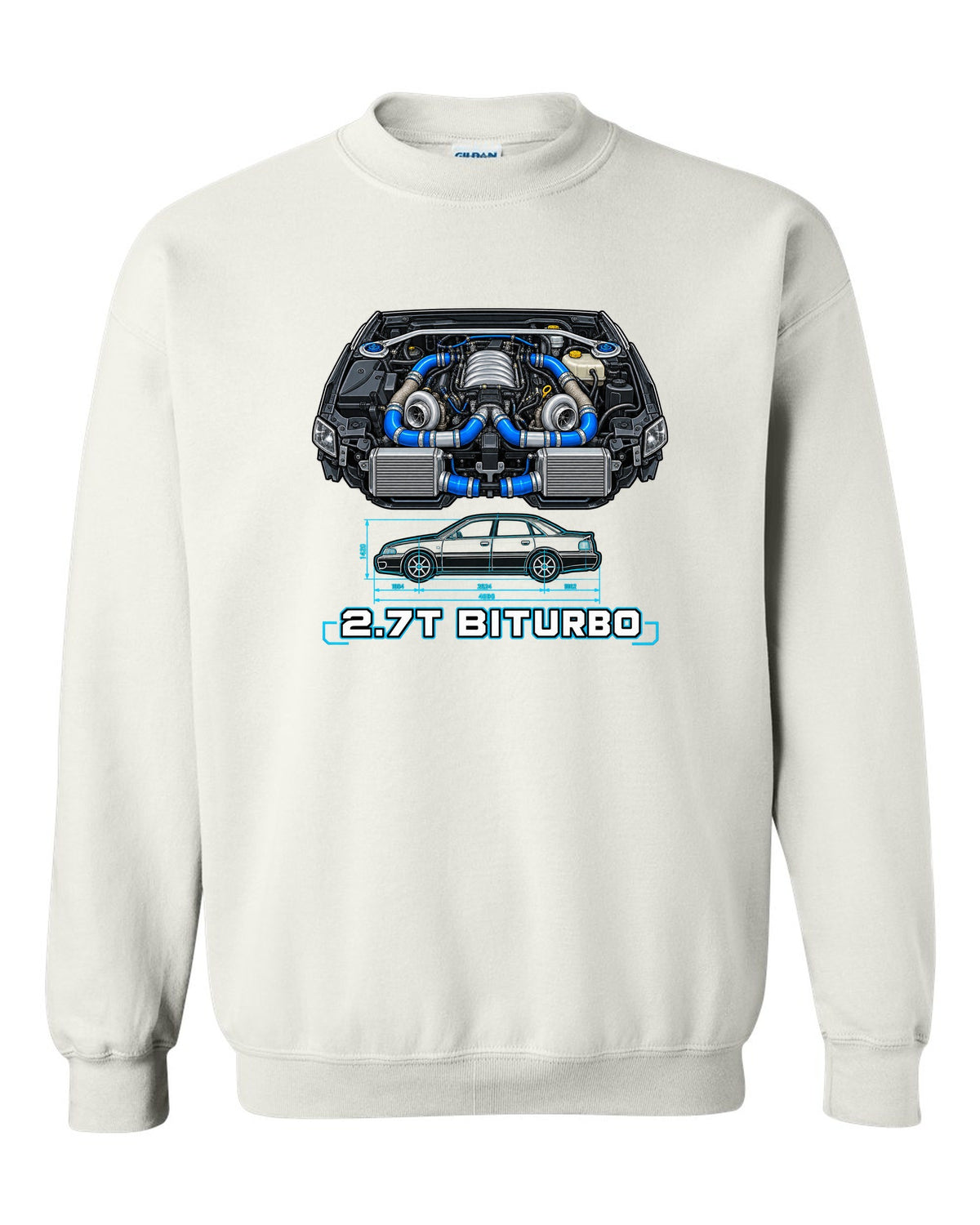 Technical blueprint print of an Audi S4 B5 with 2.7T Biturbo text white crewneck front view with the design