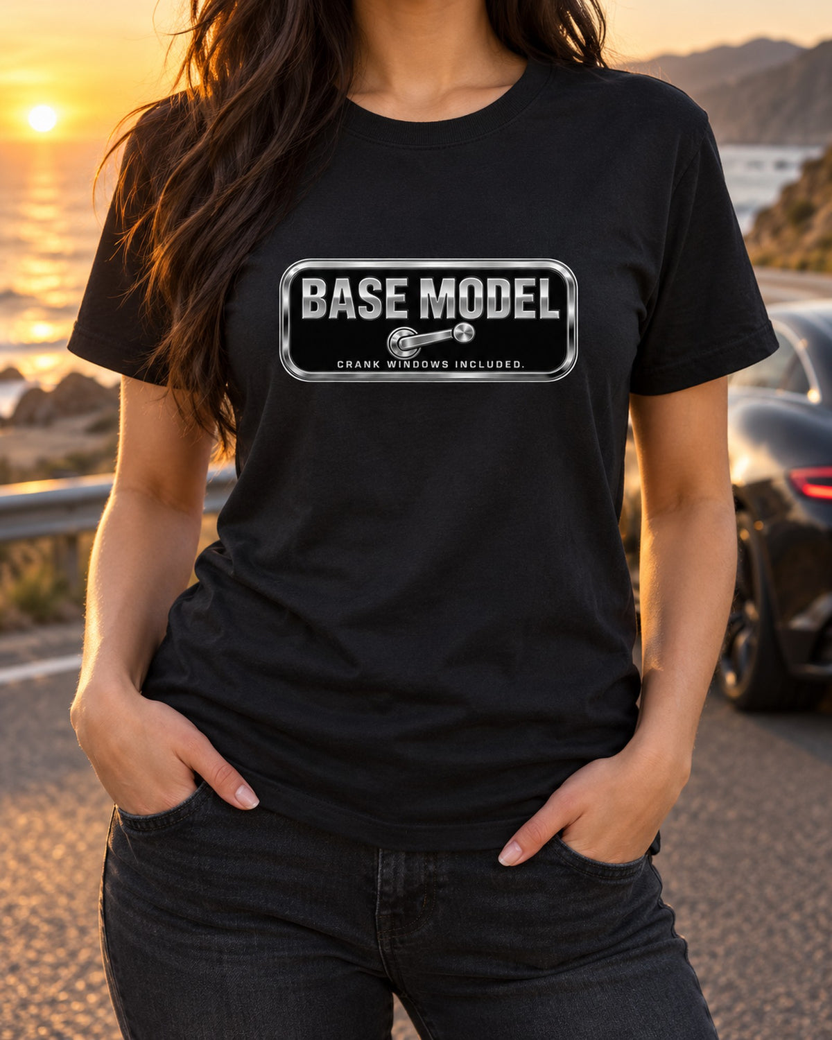 Base Model Crank Windows Included Funny Car Guy Shirt T-Shirt Black worn hero