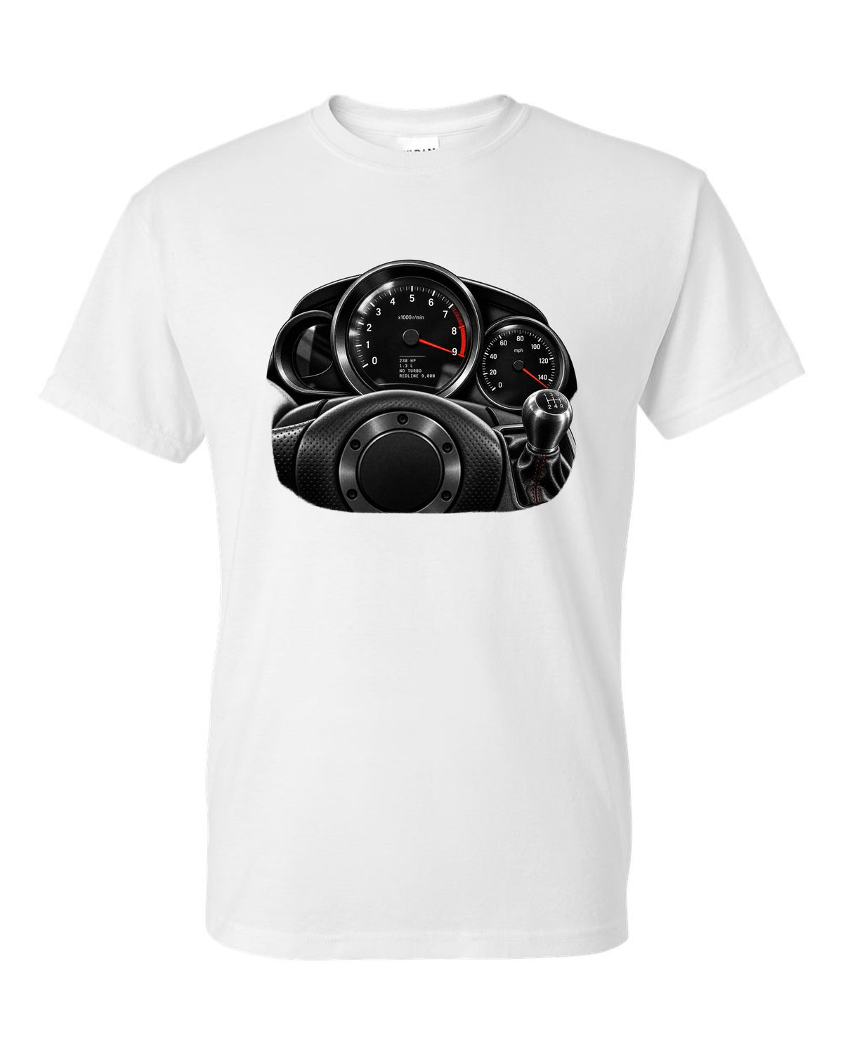 Gauge cluster print of a Mazda RX-8 SE3P with 9,000 redline lettering white t-shirt front view with the design