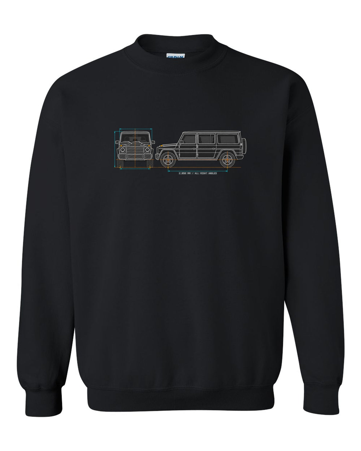 Neon outline graphic of a Mercedes SLS AMG C197 with gullwing doors open, print black crewneck front view with the design