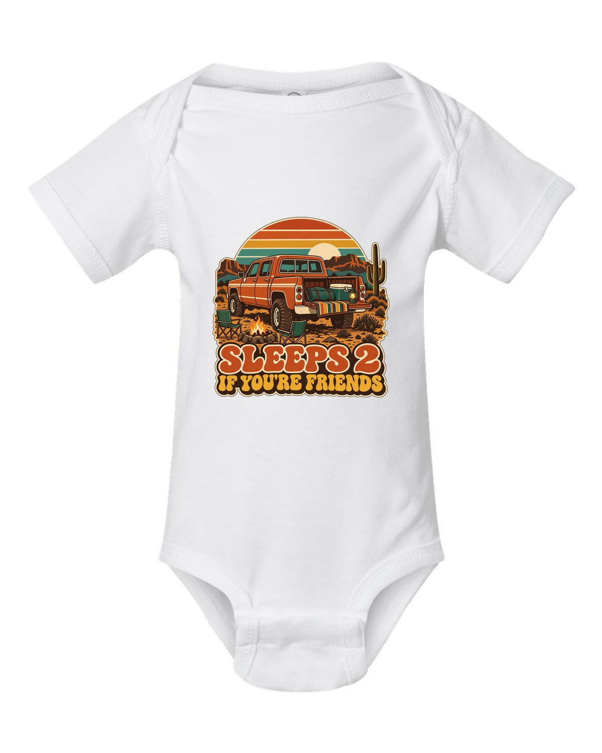 Jeep Gladiator JT retro 70s outdoors poster with sunset stripes and sleeps 2 text white baby onesie front view with the design