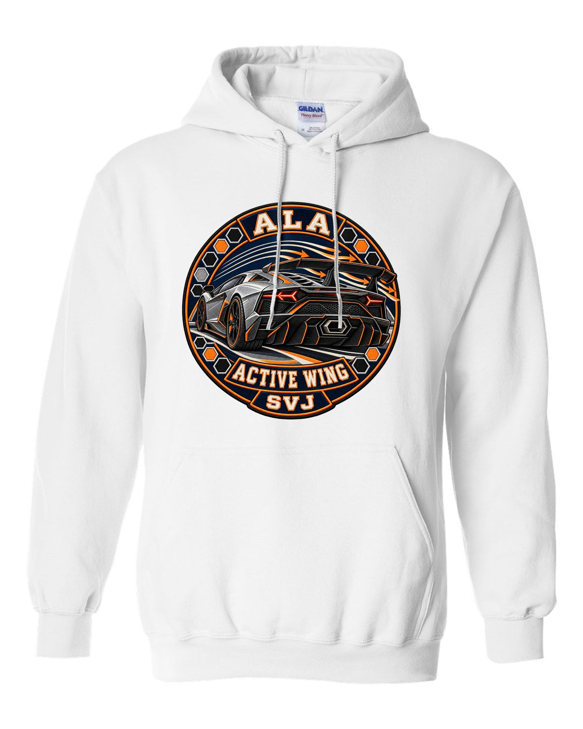 Embroidery-style round crest of a Lamborghini Aventador SVJ LP770-4 with text ALA / ACTIVE WING / SVJ white pull over hoodie front view with the design