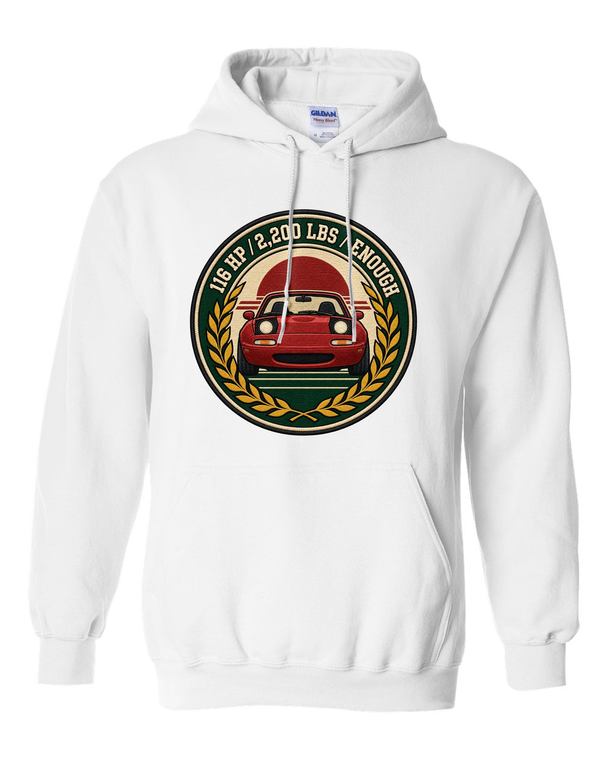 Embroidery-style varsity crest of a Mazda MX-5 NA6C with 116 HP spec text white pull over hoodie front view with the design
