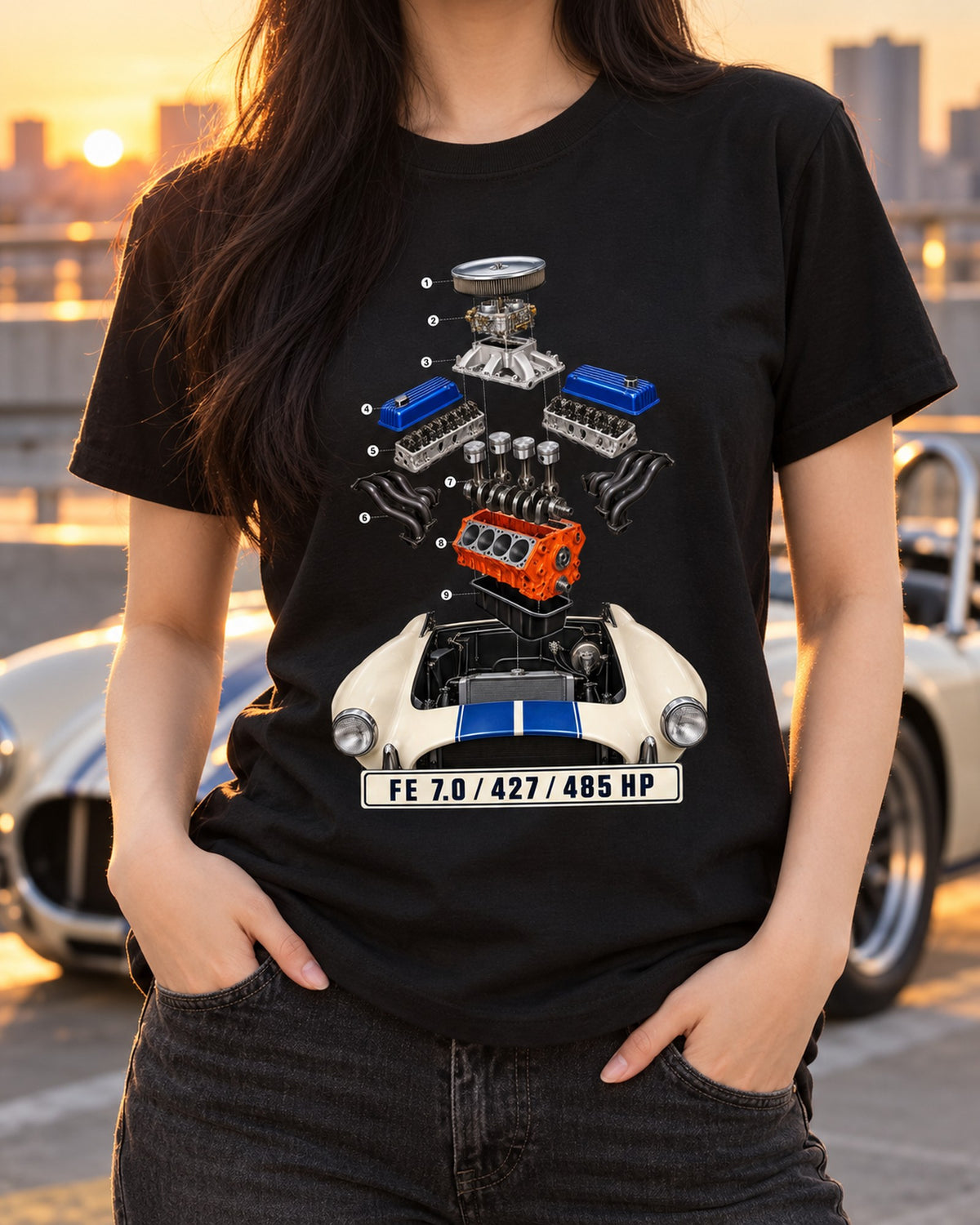 Shelby Cobra 427 Big Block Isometric Exploded View Engine Shirt T-Shirt Black worn hero