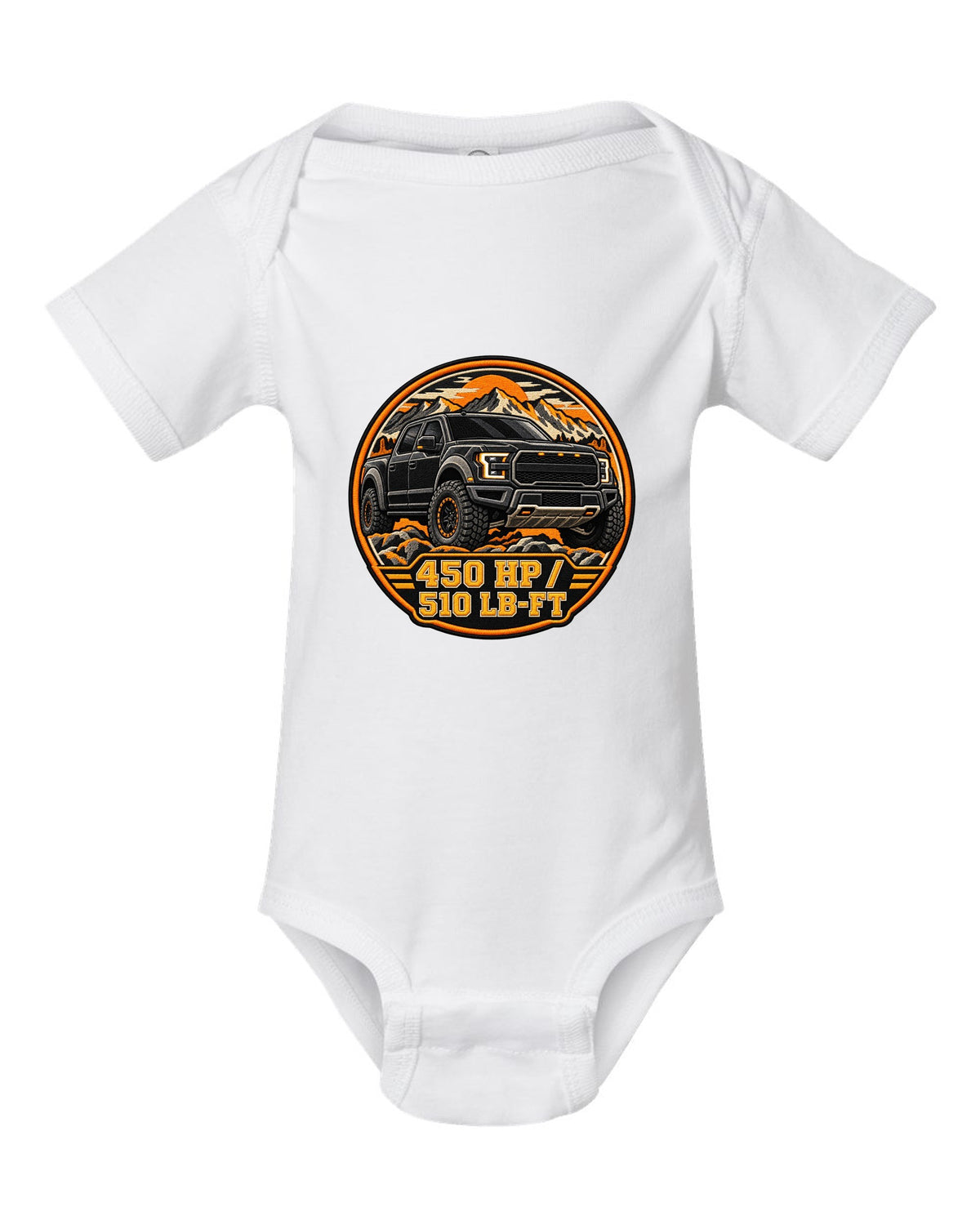 Varsity crest print for a 2017-20 Gen 2 Ford F-150 Raptor P552 with 450 hp text white baby onesie front view with the design
