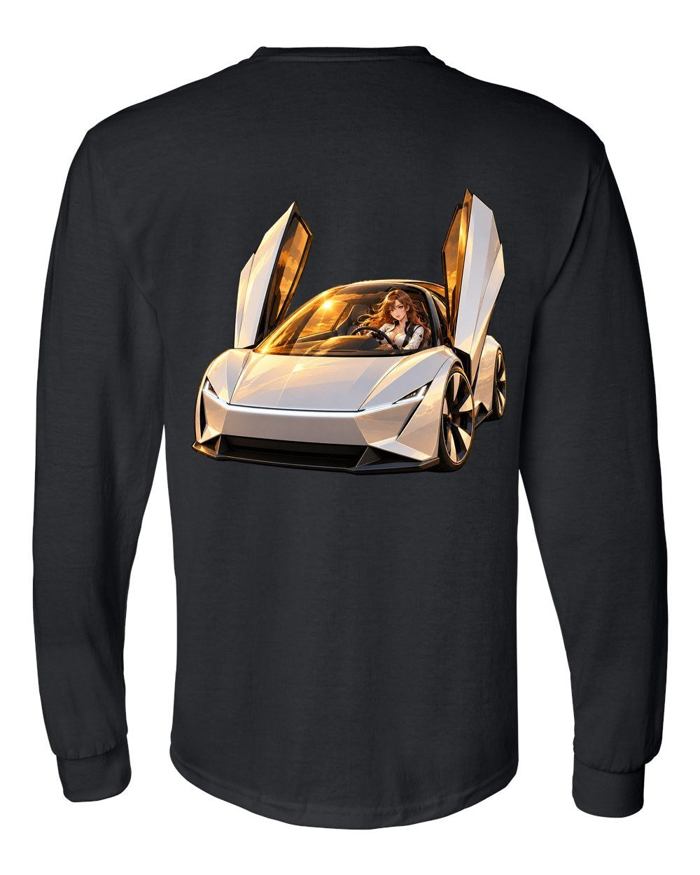 Tesla Roadster Golden Hour Anime Girl Long Sleeve Black back