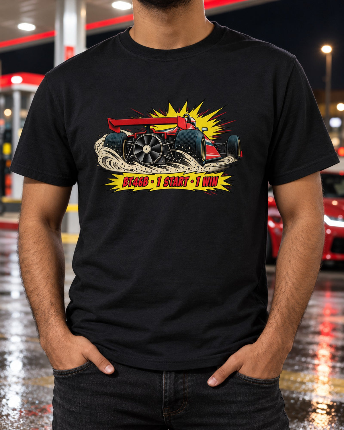 Brabham BT46B Fan Car Comic Halftone Pop Art Shirt T-Shirt Black worn hero