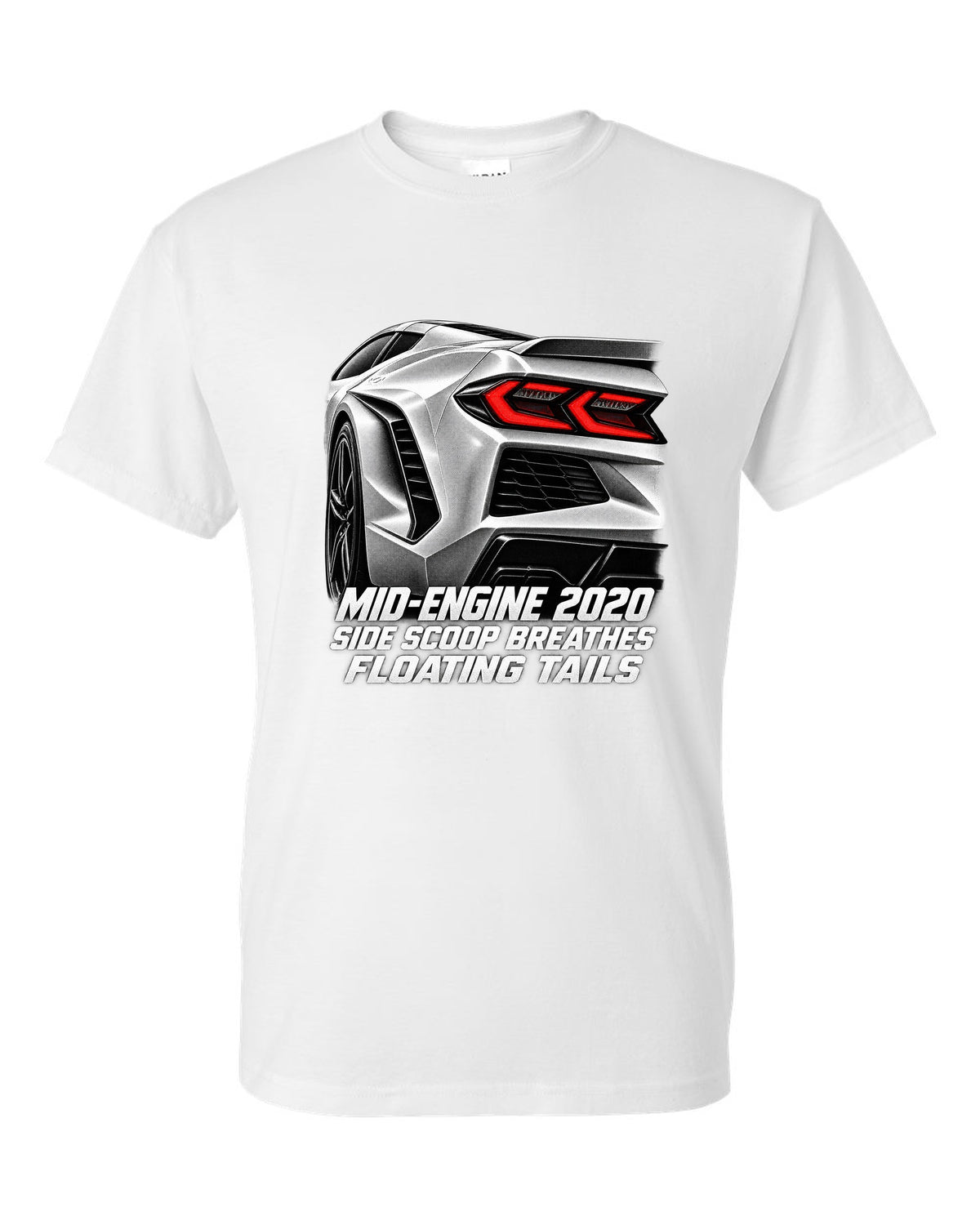 Corvette C8 Stingray 2020 Side Intake Taillight Detail white t-shirt front view with the design