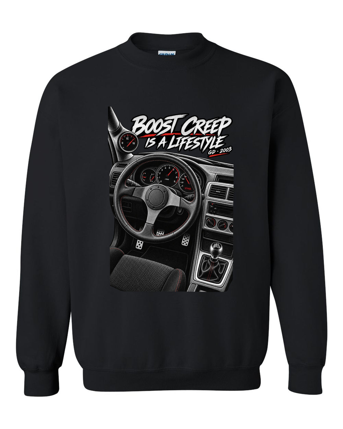 Boost gauge cockpit print for a Subaru Impreza WRX GD Blobeye with boost creep text black crewneck front view with the design