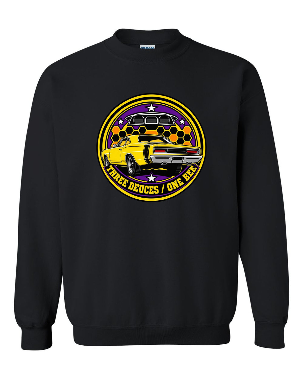 Round crest design for the 1969 Dodge Coronet Super Bee reading three deuces one bee black crewneck front view with the design