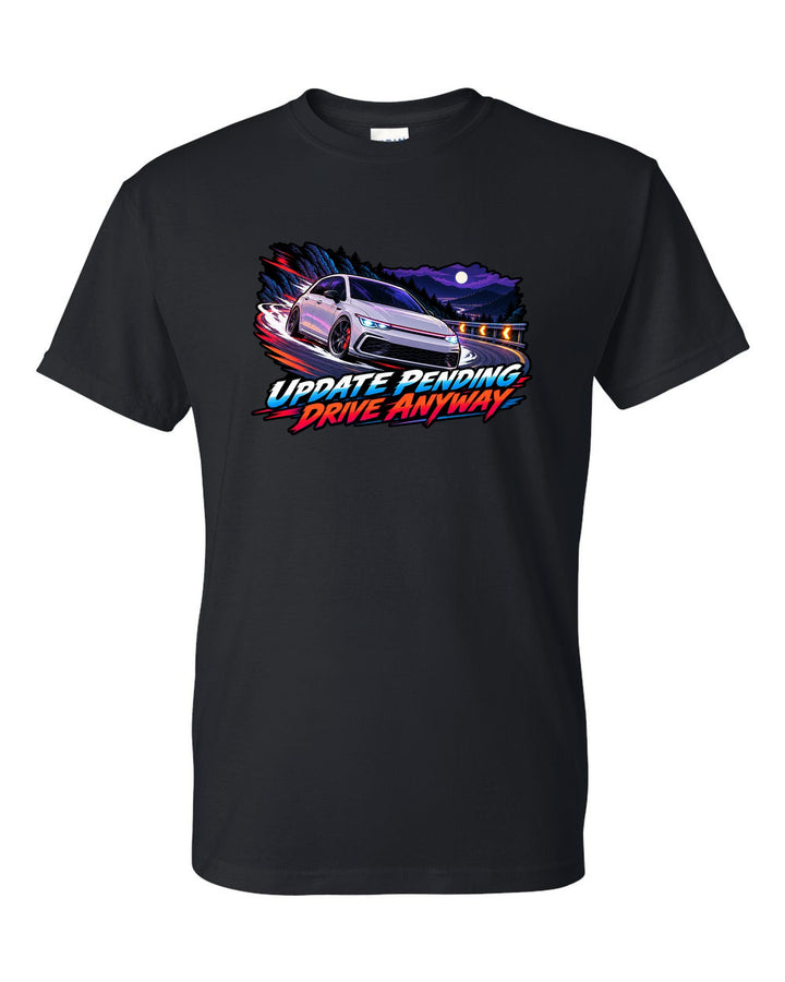 Cel-shaded anime night touge scene of a VW Golf Mk8 GTI with update pending drive anyway text black t-shirt front view with the design