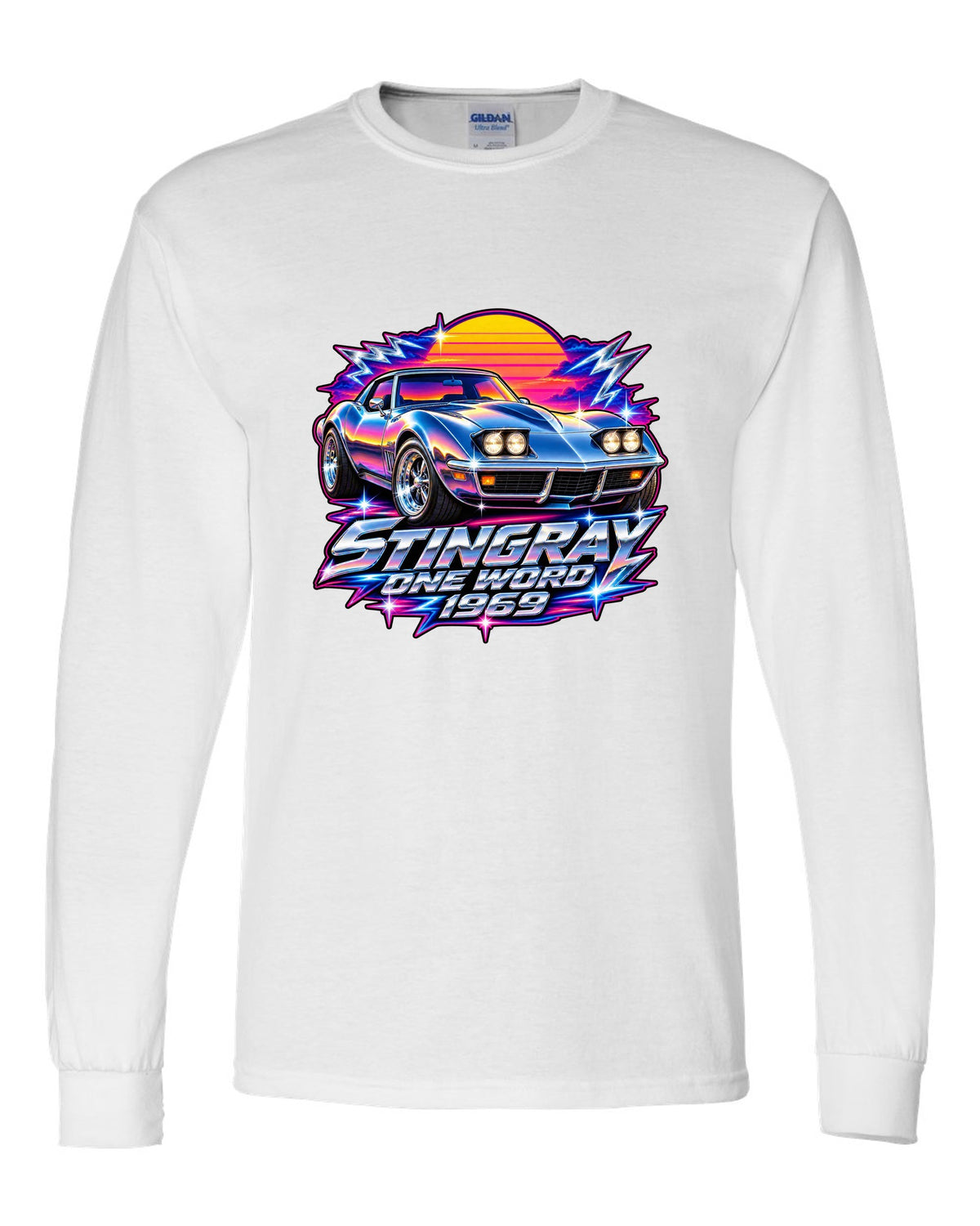 80s chrome airbrush print of a 1969 Chevrolet Corvette C3 Stingray with Stingray One Word 1969 text white long sleeve front view with the design
