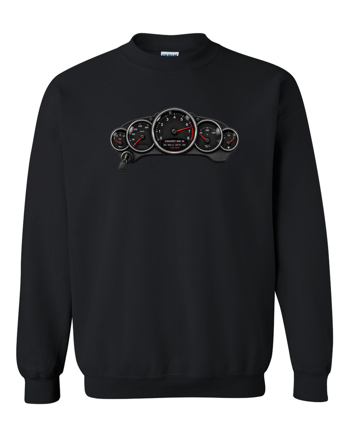Cockpit gauge print of a Porsche 911 Carrera (996) with the caption Cheapest Way In and 7,300 rpm black crewneck front view with the design