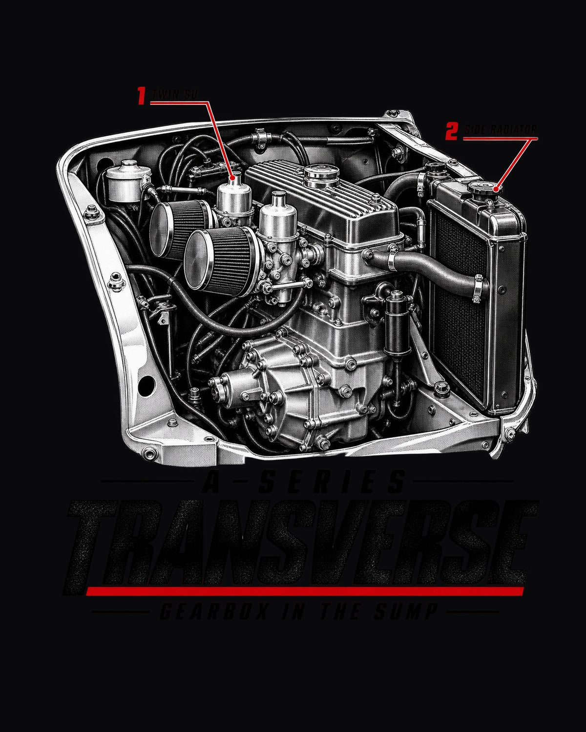 Mini Cooper S 1275 Transverse A-Series Engine Bay Tee design only