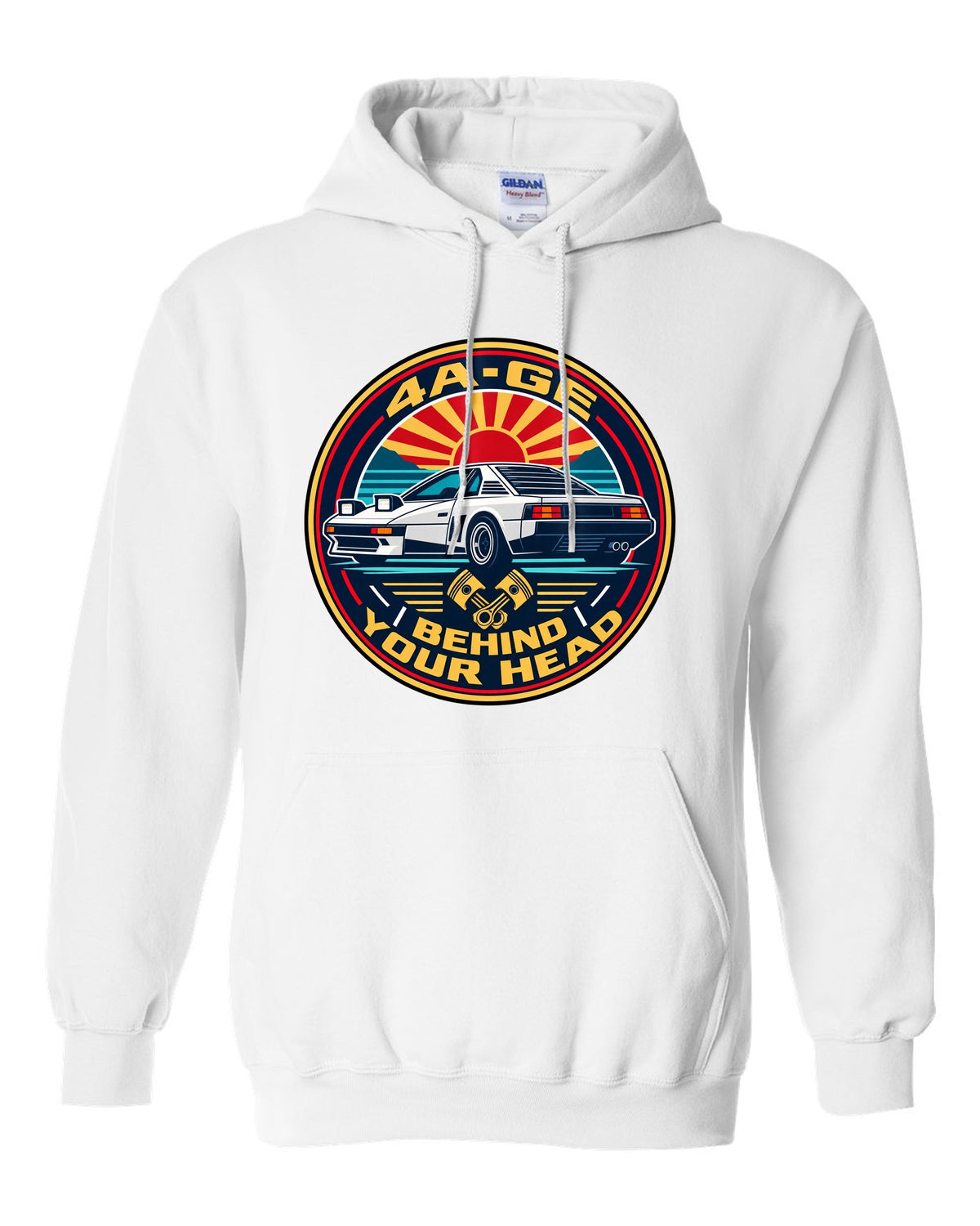 Round crest print of a Toyota MR2 AW11 with 4A-GE text white pull over hoodie front view with the design