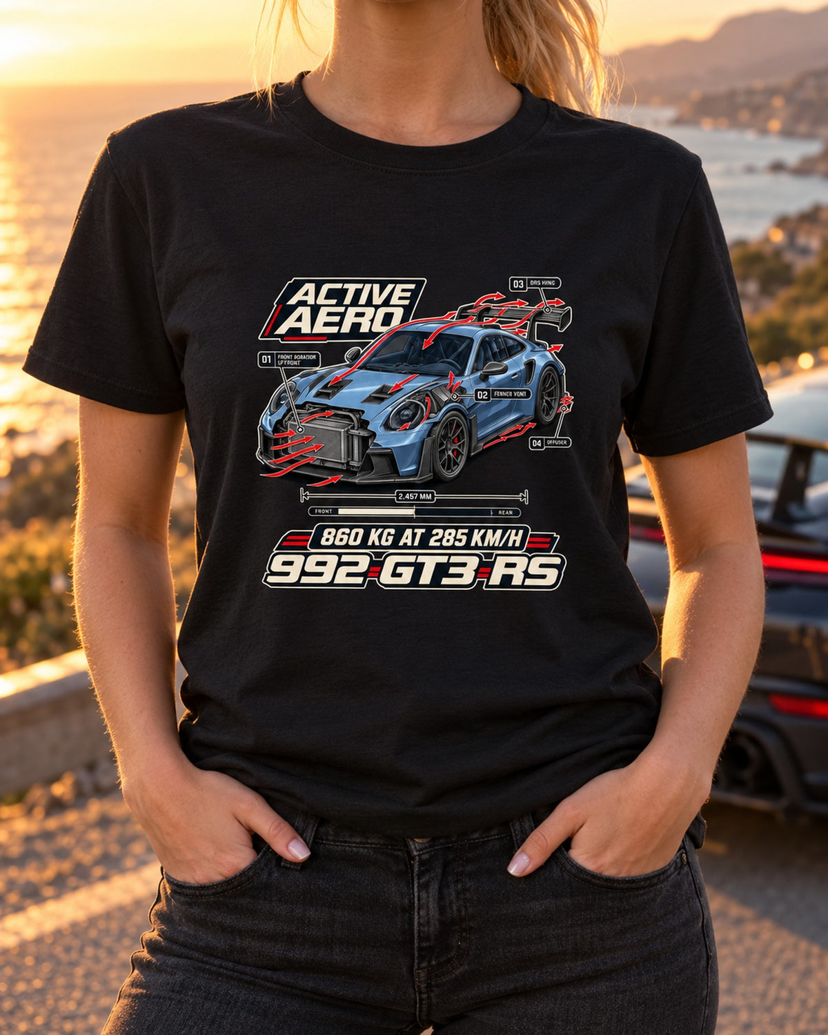 992 GT3 RS Aero Callouts Shirt, Porsche Active Aero Car Tee T-Shirt Black worn hero