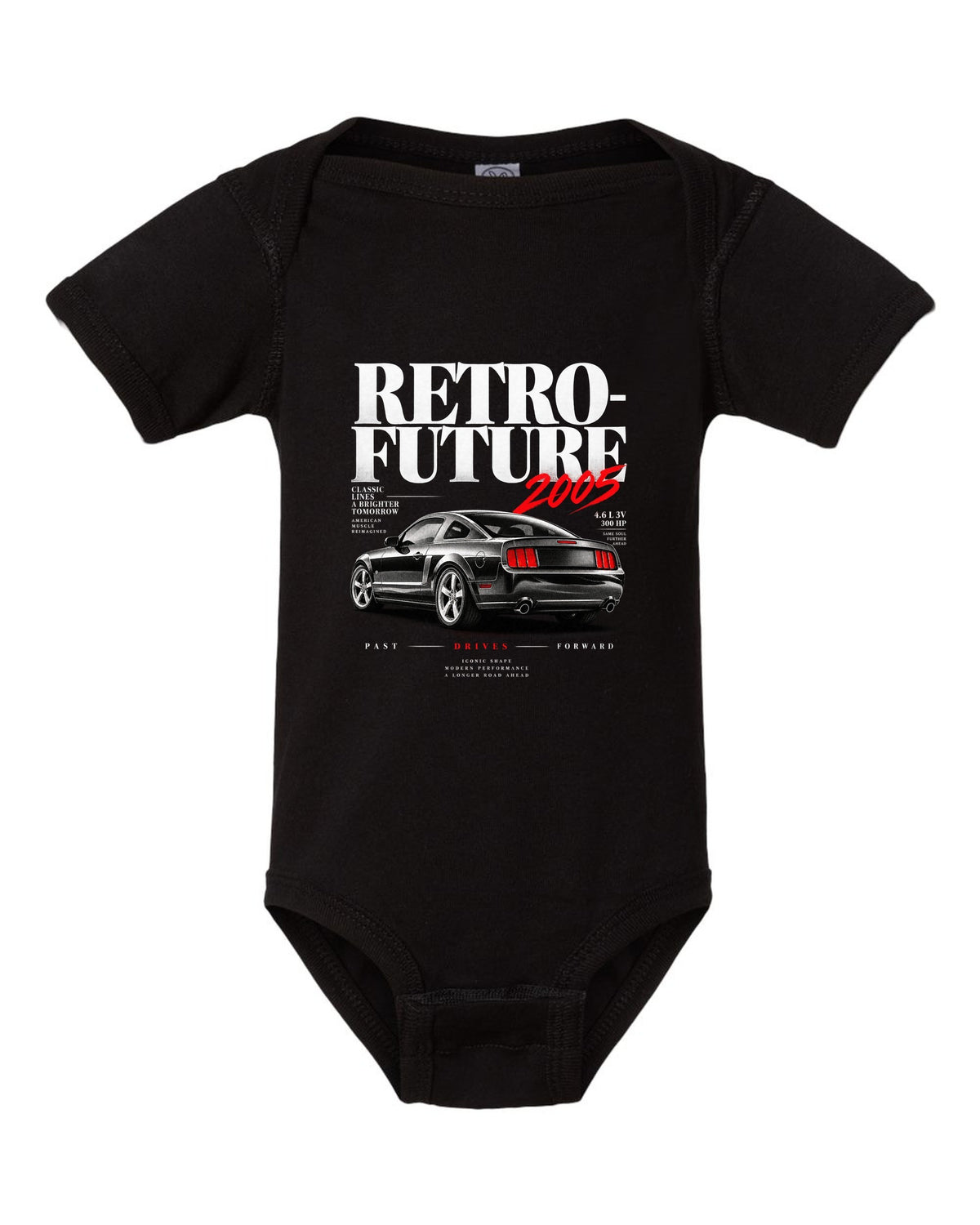 Editorial headline print of a 2005-09 Ford Mustang S197 GT black baby onesie front view with the design