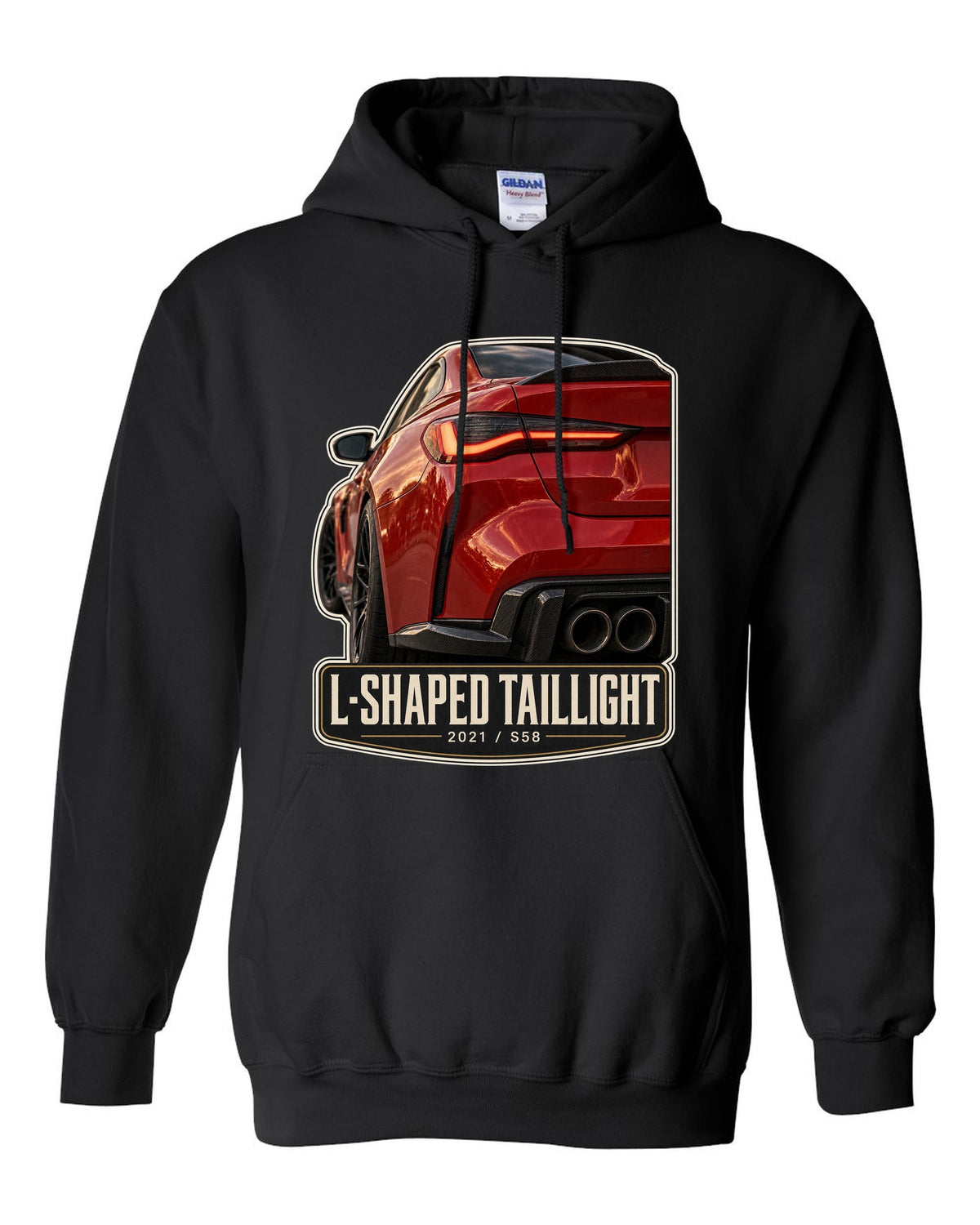BMW M4 Competition G82 L-shaped taillight macro print with 2021 and S58 text black pull over hoodie front view with the design