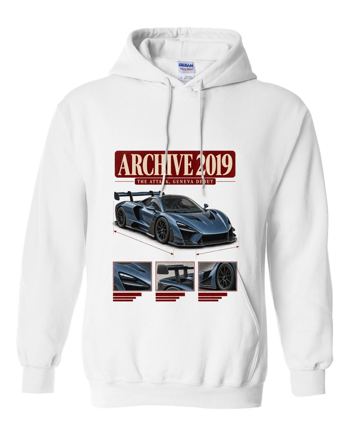 Archive panel design of the Koenigsegg Jesko Attack front three-quarter, print white pull over hoodie front view with the design