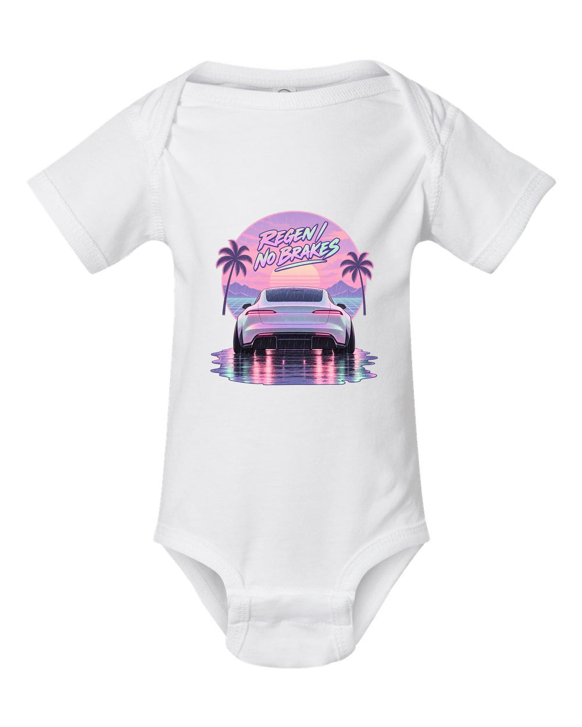 Vaporwave pastel scene of a 2021 Tesla Model S Plaid taillights in rain with the words Regen No Brakes white baby onesie front view with the design