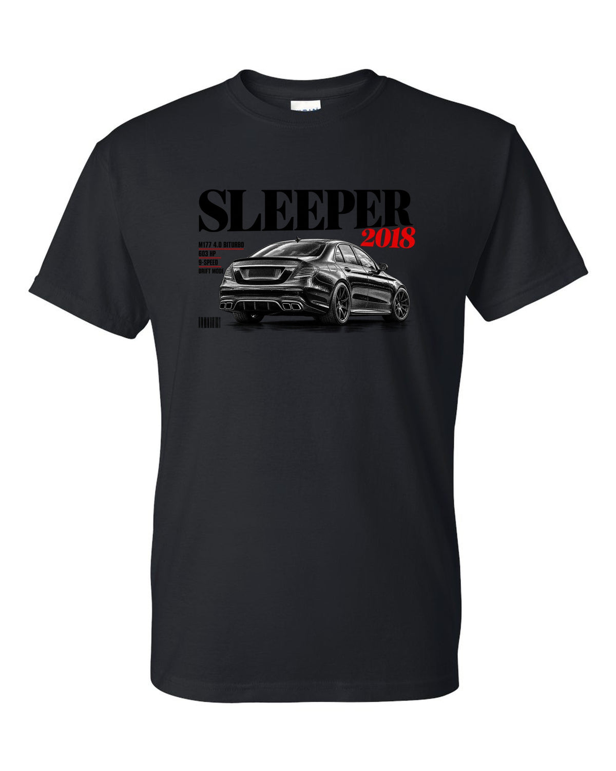 print editorial headline of a Mercedes W213 E63 S M177 with text Sleeper 2018 4.0 Biturbo 603 HP black t-shirt front view with the design