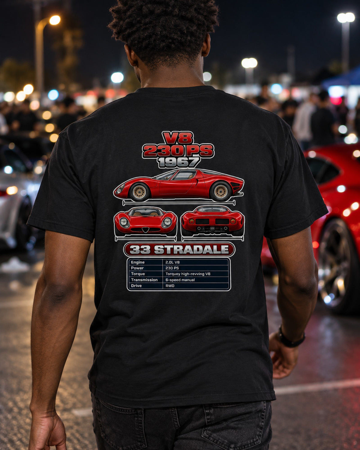 Alfa Romeo 33 Stradale Spec Sheet Full-Back Graphic Tee T-Shirt Black worn hero