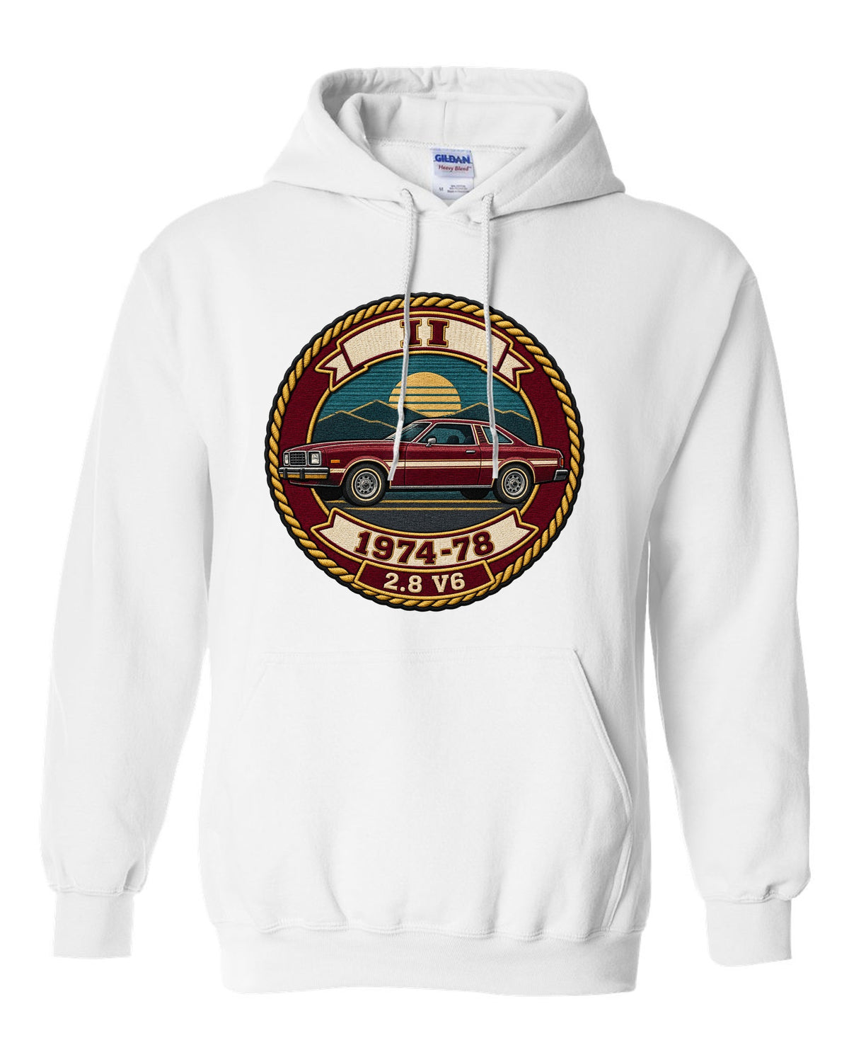 Embroidery-style varsity crest print for a 1974-78 Ford Mustang II notchback white pull over hoodie front view with the design