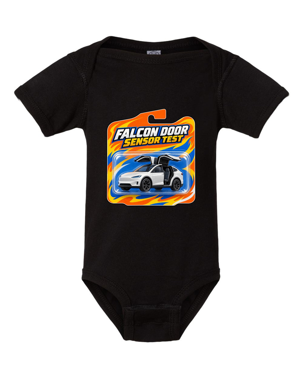 Toy blister card style print of a Tesla Model X reading Falcon Door Sensor Test black baby onesie front view with the design