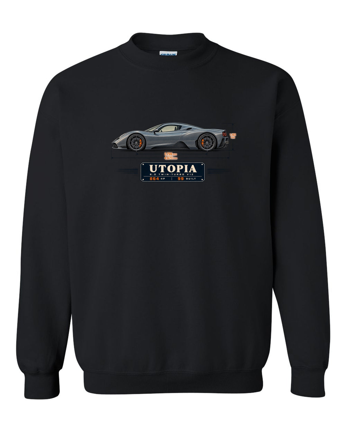 Blueprint print of the Pagani Utopia coupe with the text 6.0 twin-turbo V12, 864 hp, 99 built black crewneck front view with the design