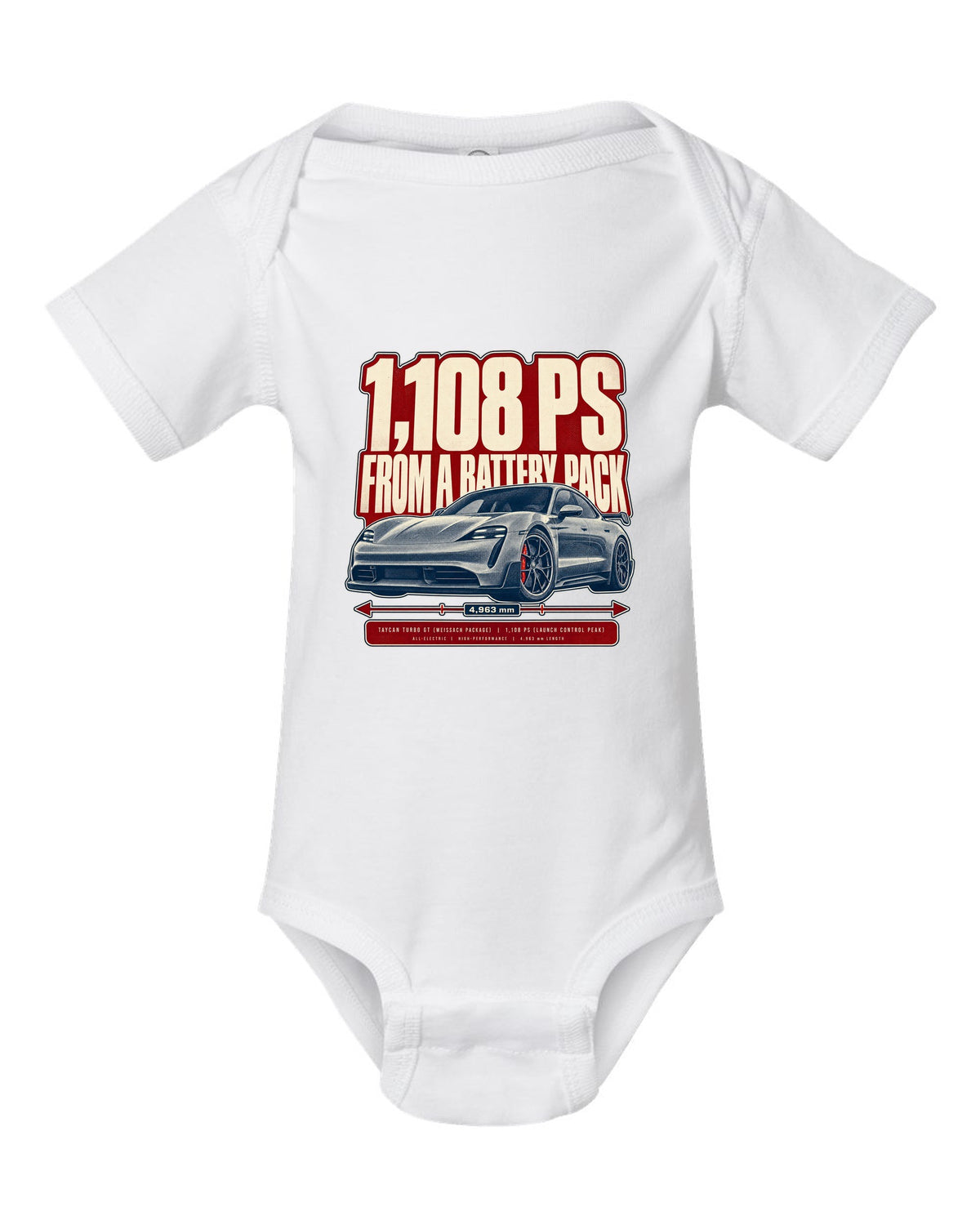 Halftone print of a low front three-quarter Porsche Taycan Turbo GT with 1,108 PS text white baby onesie front view with the design