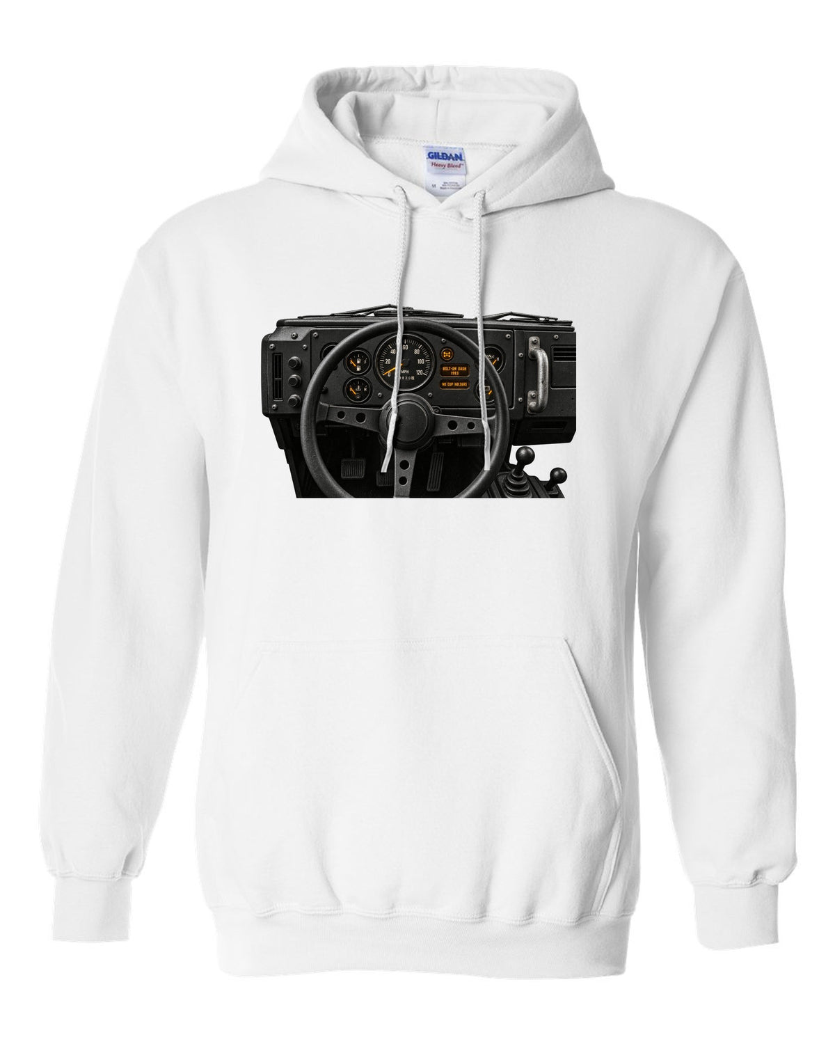 Land Rover Defender 110 cockpit gauge print with bolt-on dash text white pull over hoodie front view with the design