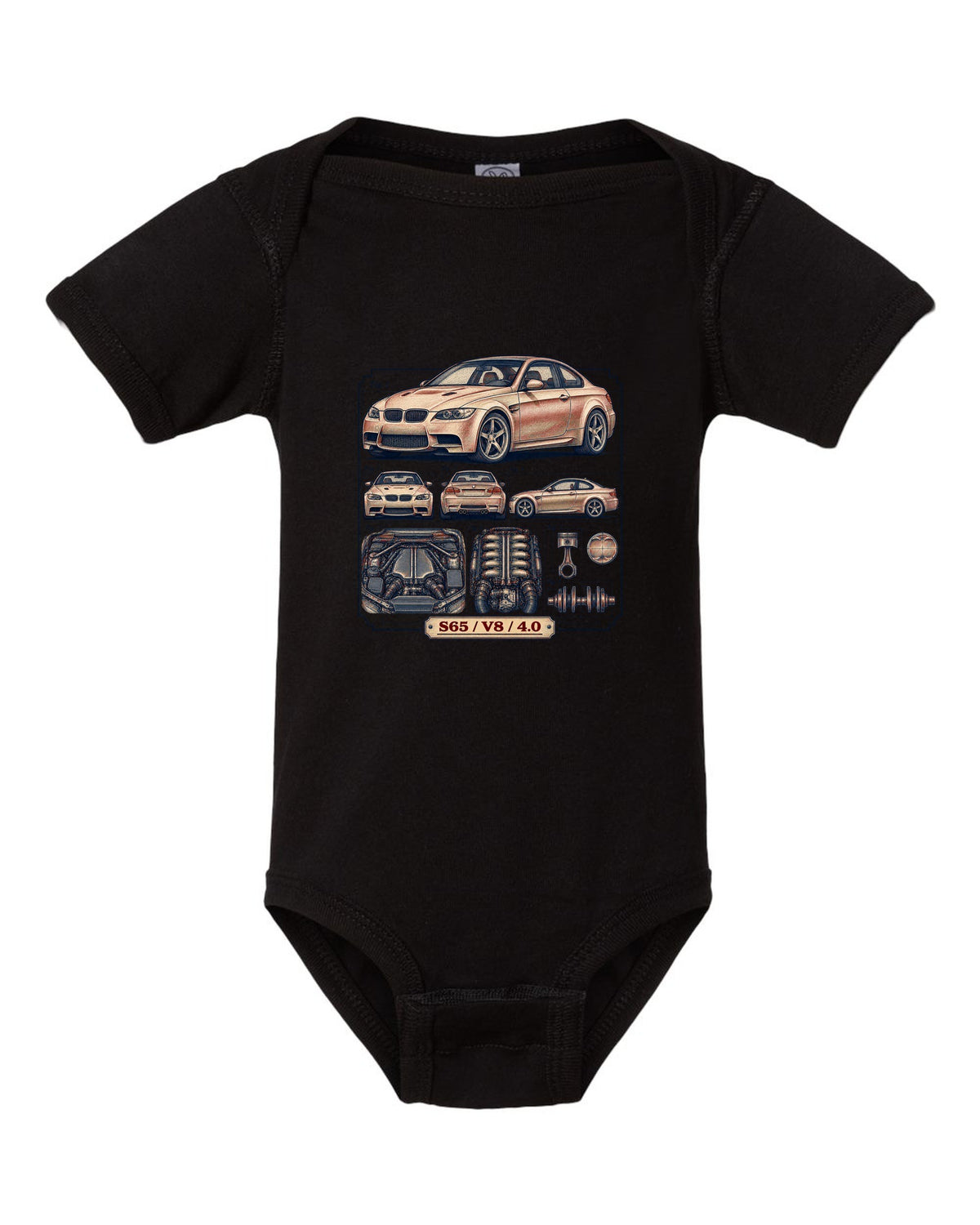 Blueprint patent line drawing of a BMW E92 M3 coupe with S65 V8 4.0 text black baby onesie front view with the design