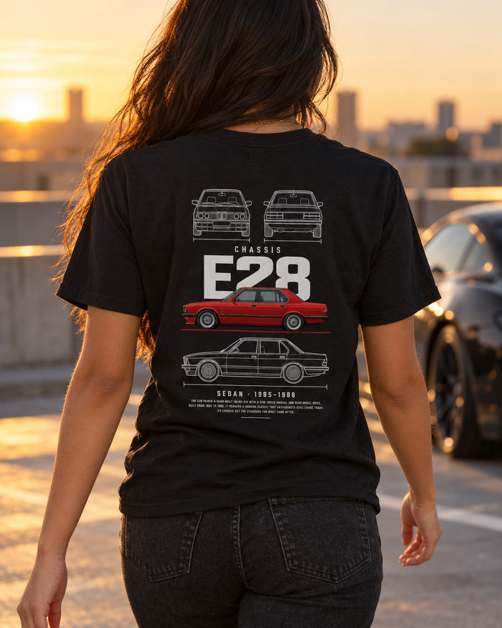 BMW E28 M5 sedan Blueprint Full-Back Graphic Tee, E28 Chassis Code T-Shirt Black worn hero
