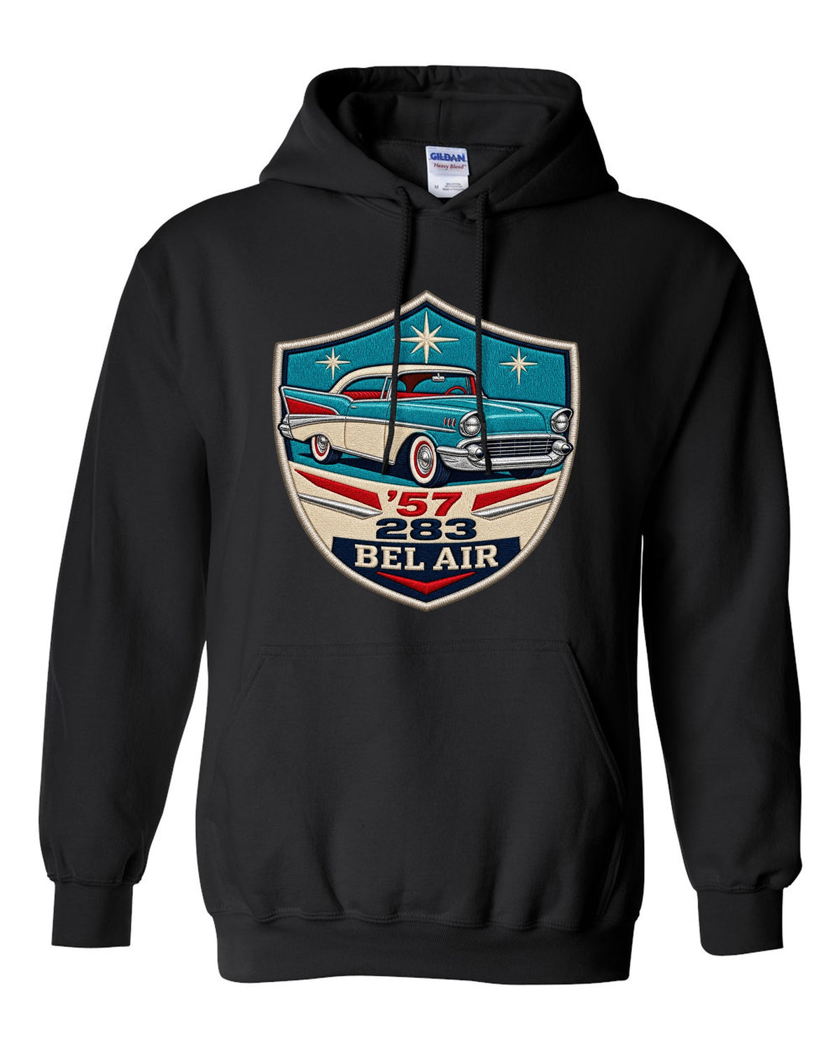 Original shield crest print for a 1957 Chevrolet Bel Air with 283 lettering black pull over hoodie front view with the design