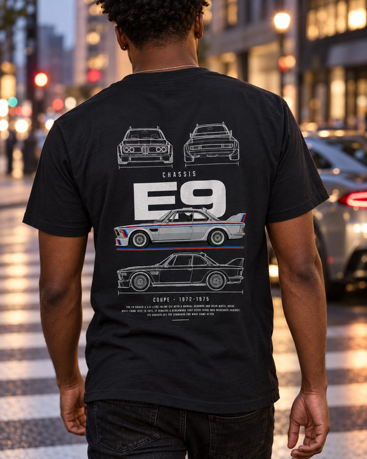 BMW 3.0 CSL Batmobile coupe Blueprint Full-Back Graphic Tee, E9 Chassis Code T-Shirt Black worn hero