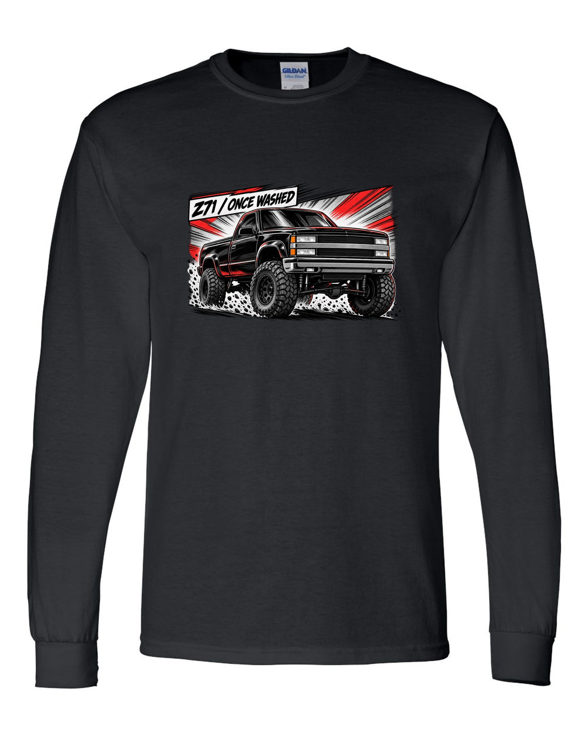 Retro manga halftone panel print of a 1988-98 Chevrolet GMT400 K1500 Z71 OBS with Z71 once washed lettering black long sleeve front view with the design