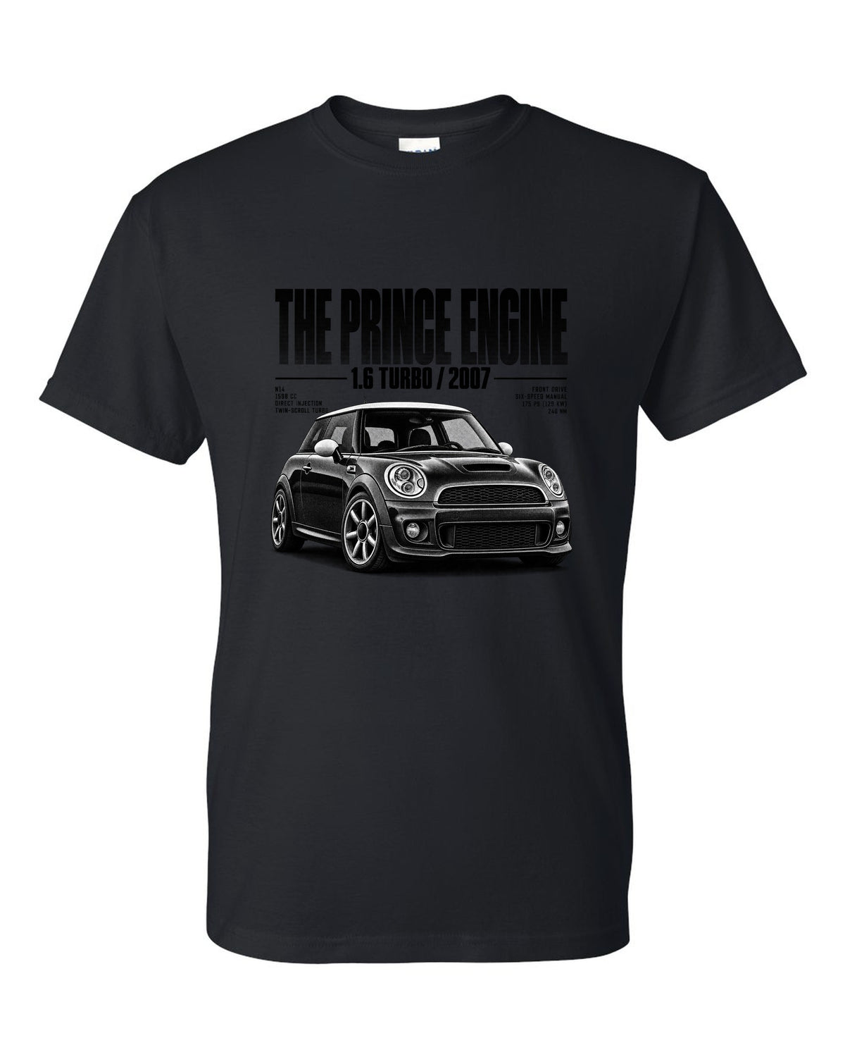 Halftone print of a Mini Cooper S R56 front three-quarter low angle with Prince engine text black t-shirt front view with the design