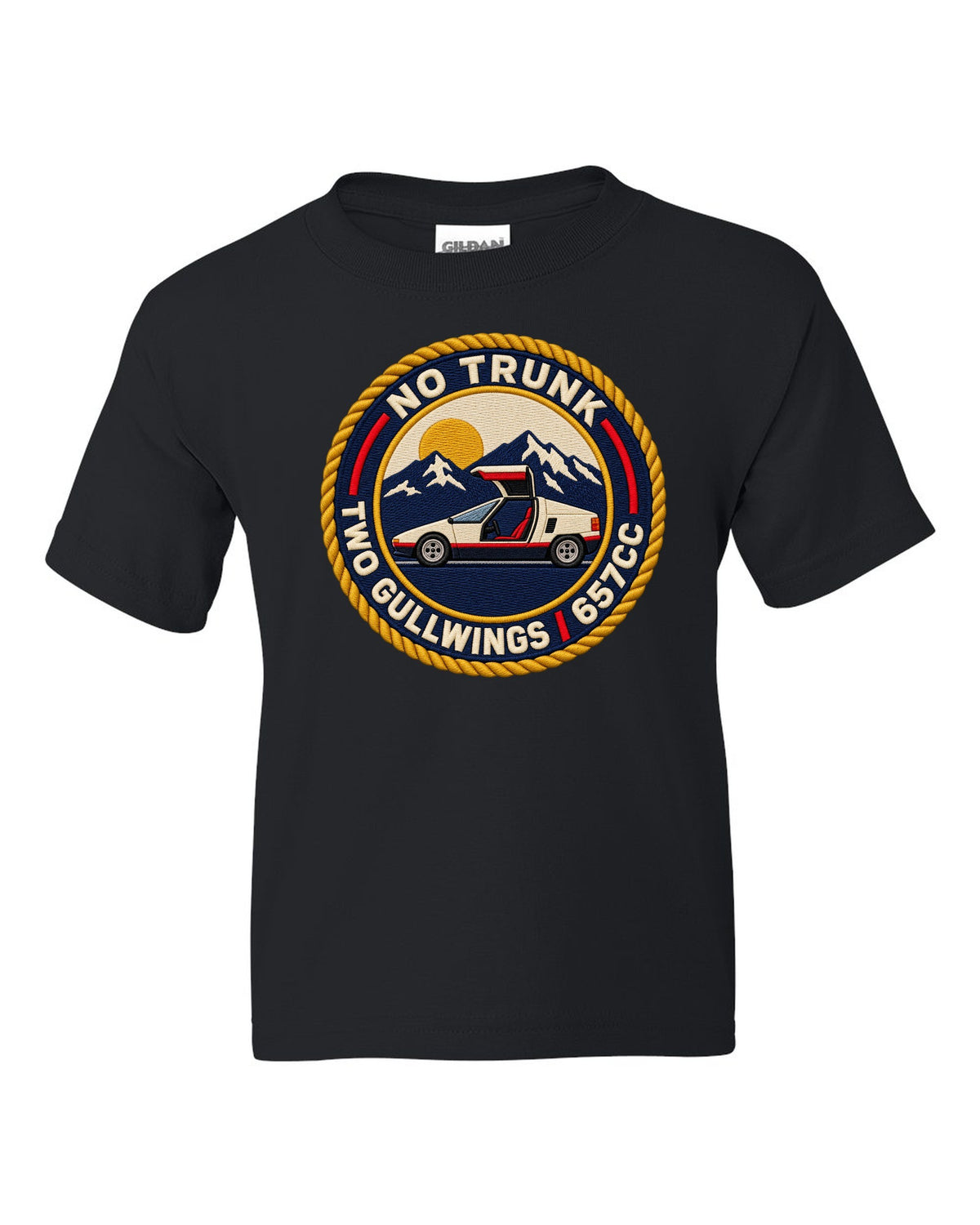 Embroidery-style varsity crest print for the Autozam AZ-1 PG6SA with no trunk two gullwings 657cc lettering black kids tee front view with the design