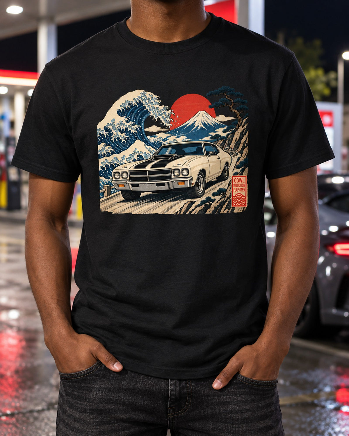 Ukiyo-e Woodblock 1970 Chevelle SS Cowl Induction Shirt T-Shirt Black worn hero