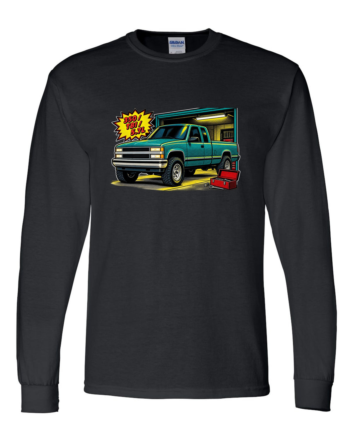 Comic halftone pop-art print of a 1988-1998 Chevrolet GMT400 OBS Silverado with 350 TBI 5.7L text black long sleeve front view with the design