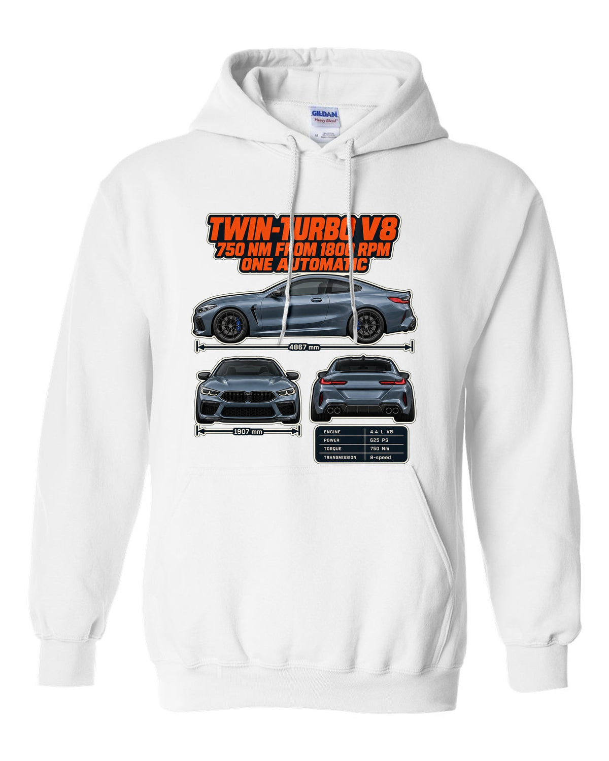 BMW M8 Competition Coupe F92 three-view and spec table print on a tee white pull over hoodie front view with the design