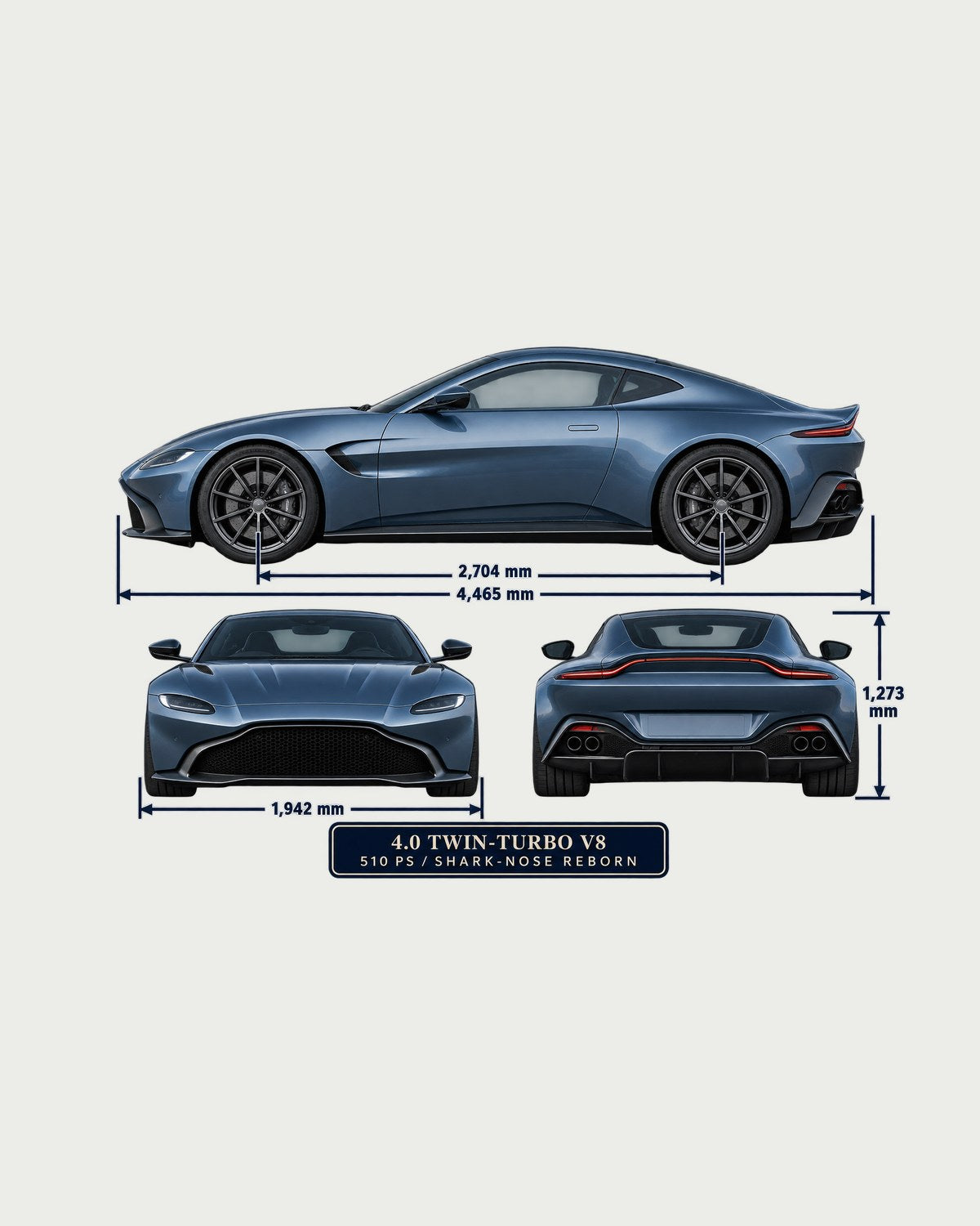 Aston Martin Vantage 2018 Three-View Spec Table Tee, 4.0 V8 design only