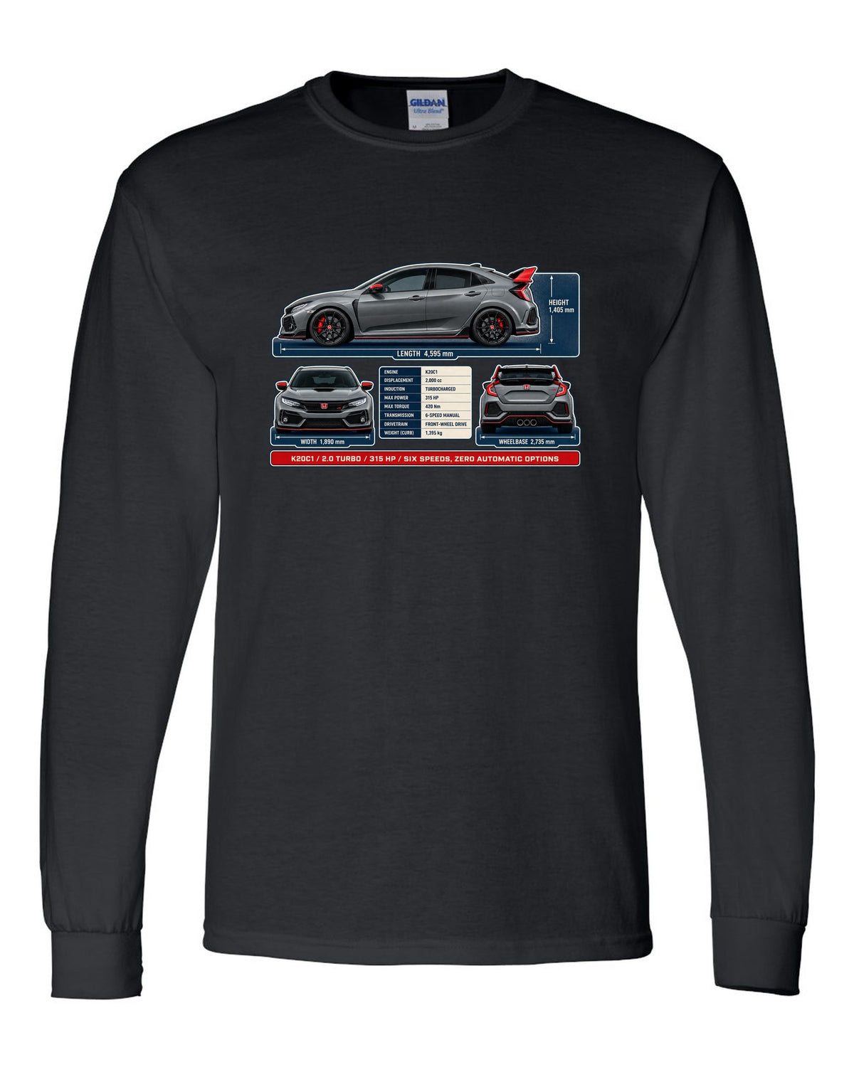 print dimension blueprint of a Honda Civic Type R FL5 in warm grey black long sleeve front view with the design