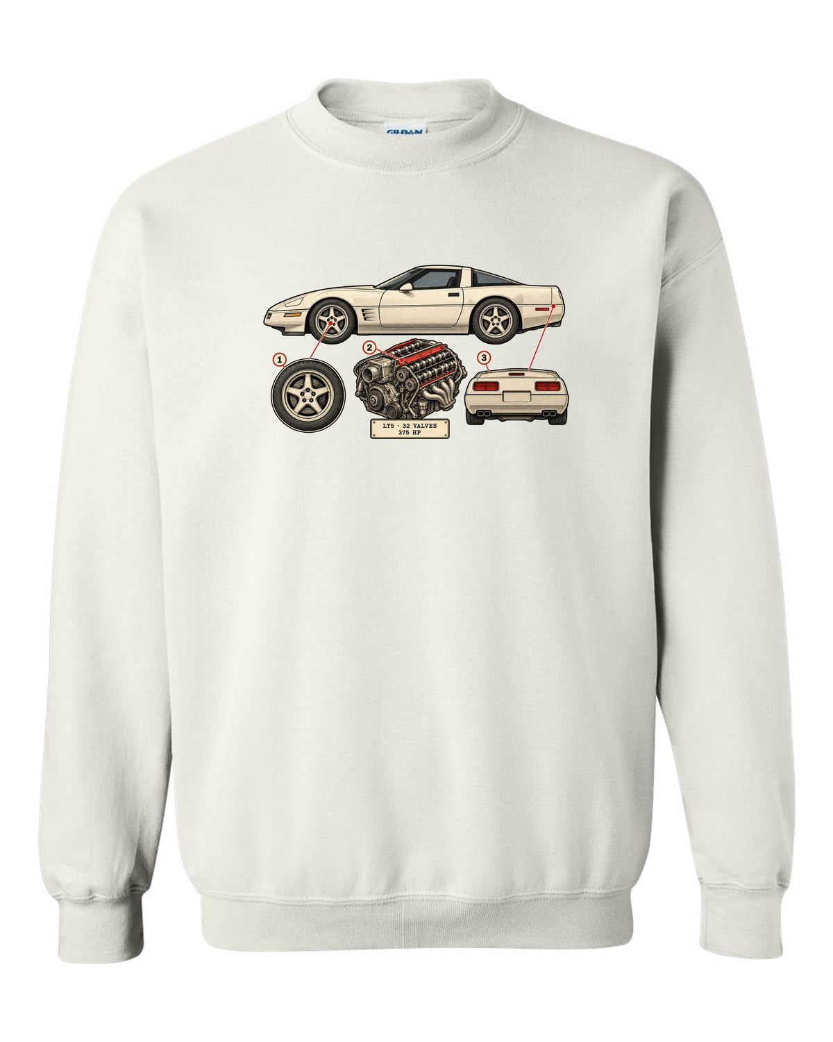 Neon HUD wireframe print of a 1997 Chevrolet Corvette C5 coupe with LT5 32 valves 375 HP lettering white crewneck front view with the design