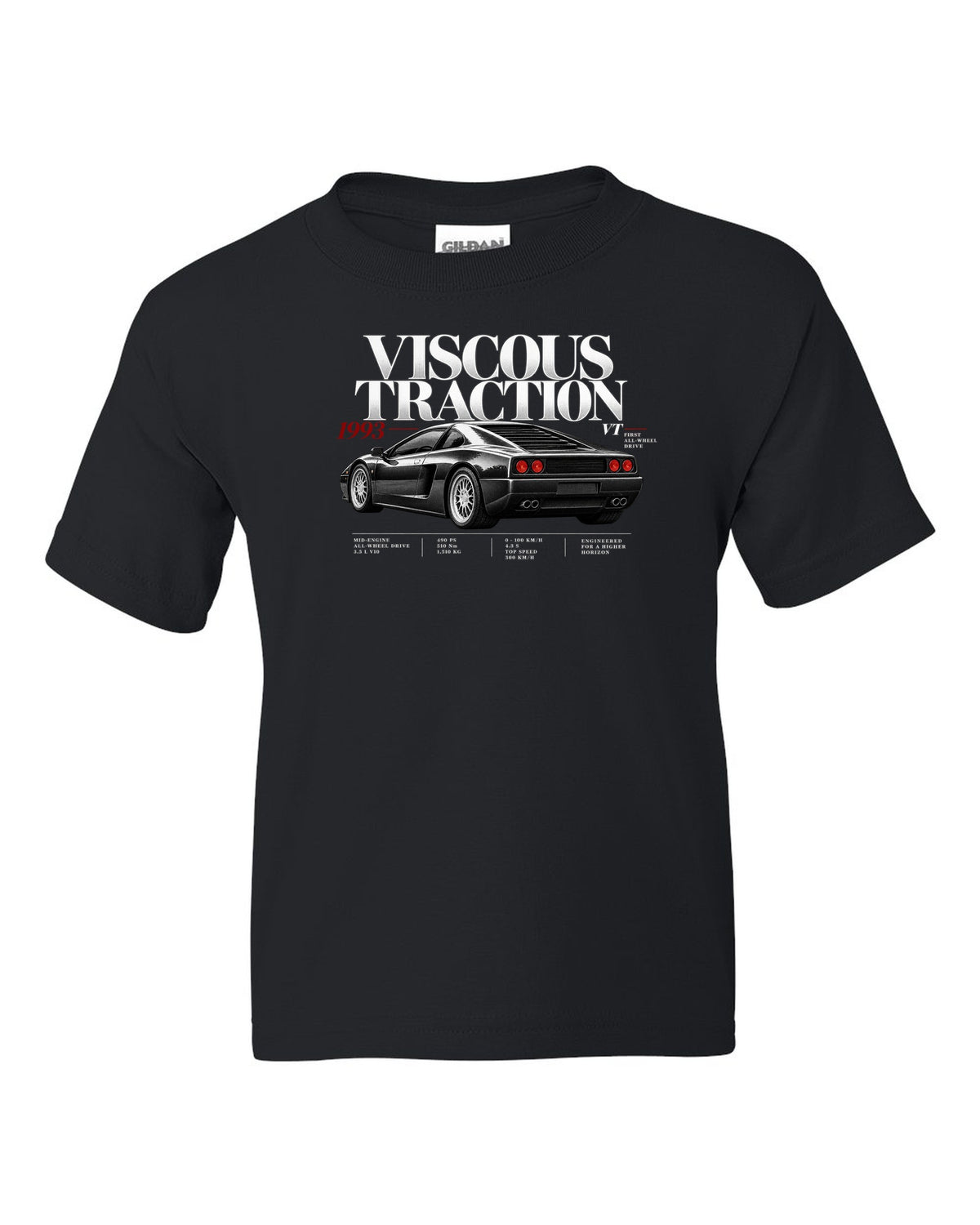 Editorial print of a Lamborghini Diablo VT with viscous traction and first all-wheel drive text black kids tee front view with the design