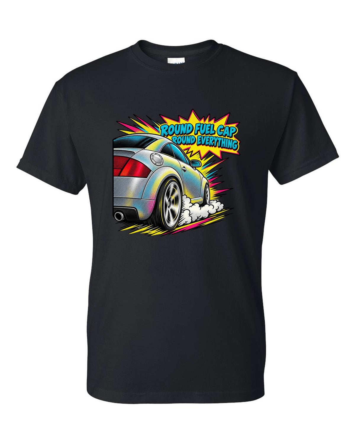 Comic halftone pop-art print of an Audi TT 8N with Round Fuel Cap text black t-shirt front view with the design