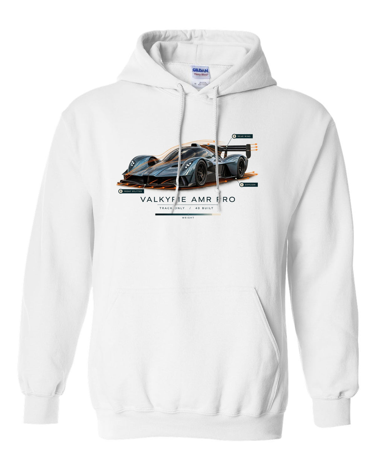 Aston Martin Valkyrie AMR Pro 2022 airflow cutaway print with track only 40 built text white pull over hoodie front view with the design