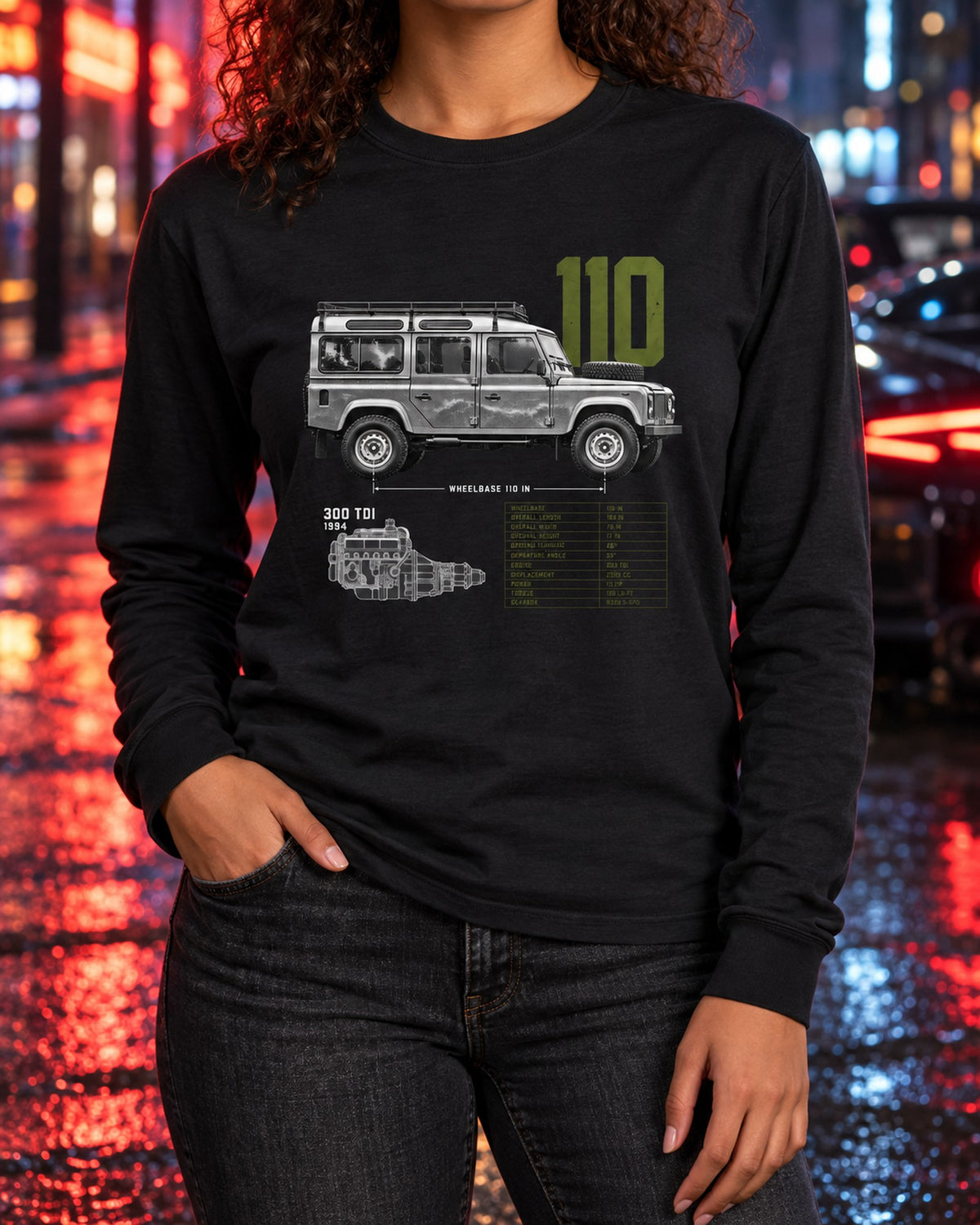 Land Rover Defender 110 300 Tdi 1994 Spec Poster Shirt Long Sleeve Black worn hero